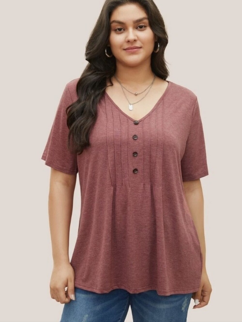 Bloomchic Women's V-Neck Button Pintuck Top — Dusty Rose